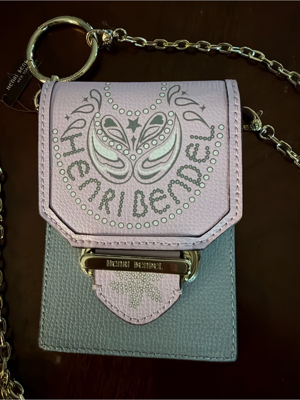 Henri Bendel Pink and Gray Boho Card/ID Mirrored Holder with Long Gold Chain